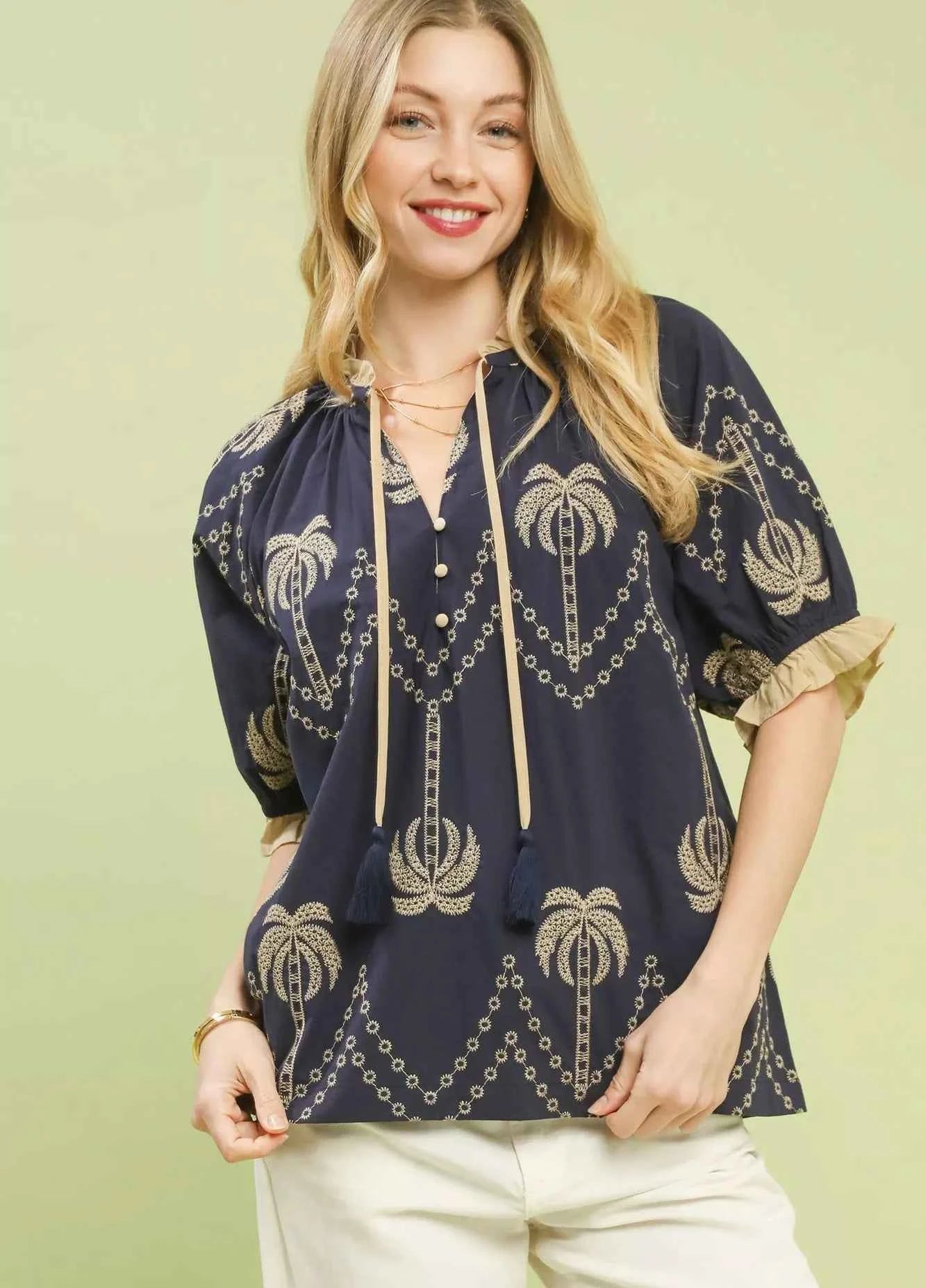 Umgee Blouse Embroidered Palm Print Tassel Tie Navy Short Sleeve Top NAVY 7971594d-2268-48ff-8394-b1e5906de7ad-Max-Origin Trendsi