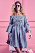 BiBi Short Dress Off Shoulder Denim Blue Striped Smocked Ruffled DENIM 7975ecfe1339414890eb6f38bd45a080-Max-Origin Trendsi