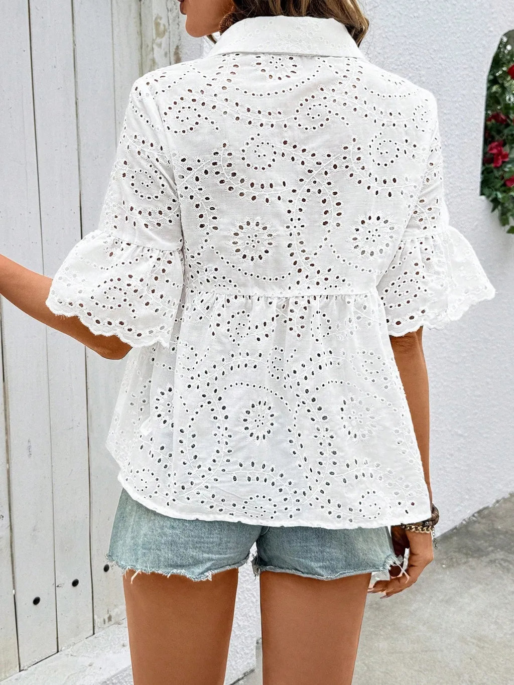 Lace Eyelet Women's Shirts Collared Neck Half Ruffle Sleeve Tops 797887a3-58dc-4ae3-a45e-b7fa90da8ab0-Max-Origin Trendsi
