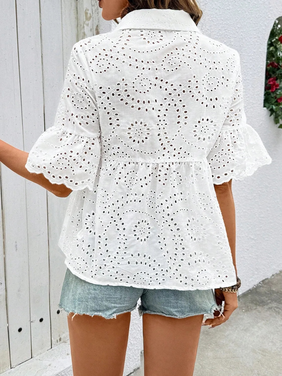 Lace Eyelet Women's Shirts Collared Neck Half Ruffle Sleeve Tops 797887a3-58dc-4ae3-a45e-b7fa90da8ab0-Max-Origin Trendsi