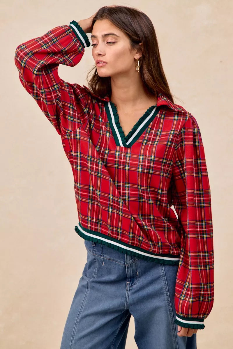 BiBi Christmas Womens Blouse Red Plaid Collared Top with Ruffled Detail 797afc48bea94f779adb98b80608163c-Max-Origin Trendsi