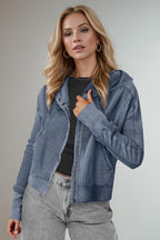 Double Take Hooded Jacket Waffle-Knit Zip Up Long Sleeve 7983df52-c13d-436c-ae35-f7e6135967ad-Max Trendsi