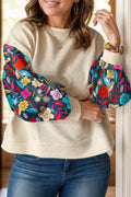 Plus Size Textured Printed Long Sleeve Blouse with Round Neck