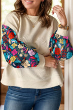 Plus Size Textured Printed Long Sleeve Blouse with Round Neck