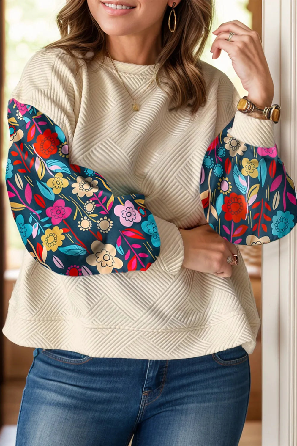 Plus Size Textured Printed Long Sleeve Blouse with Round Neck