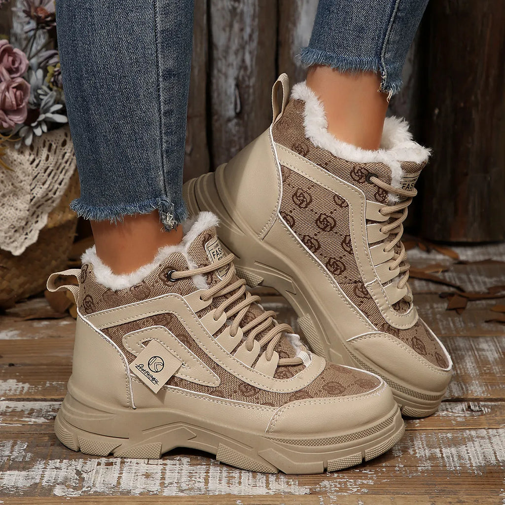 Women's Sneaker Boots High-Top Platform Chunky with Lace-Up Fluff Shoes Khaki 798be9ba41a747e98b4ef247f4d85ace-Max-Origin Trendsi