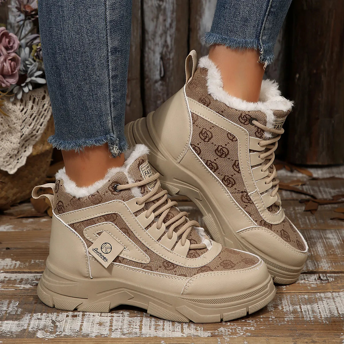 Women's Sneaker Boots High-Top Platform Chunky with Lace-Up Fluff Shoes Khaki 798be9ba41a747e98b4ef247f4d85ace-Max-Origin Trendsi