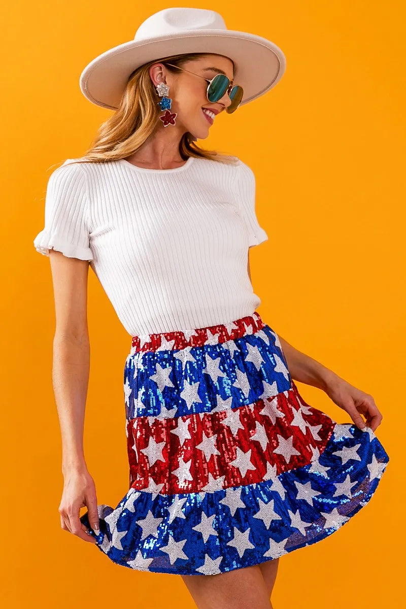 BiBi Sequin Skirt American Flag Theme Star Tiered Short Layered 798fab8493c141a5accec12dc51036ee-Max-Origin Trendsi