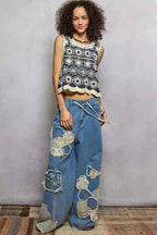 POL Floral Round Neck Cropped Crochet Sleeveless Top with Scalloped Edge