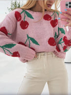 Women's Sweater Dusty Pink Cherry Pattern Knit Long Sleeve Pullover 799ada13-8139-45cd-99aa-2b6fded350da-Max-Origin Trendsi