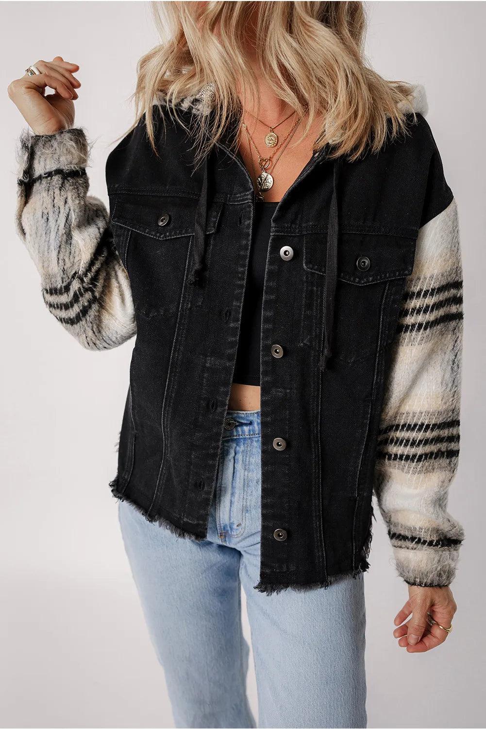 Denim Jacket Hooded Raw Hem Button Up with Knit Plaid Sleeves Black 79a0915c-be8c-4bd2-afda-849a0fd5e772-Max Trendsi