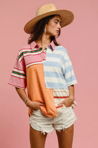 BiBi Women Shirt Mix And Match Stripe Color Block Short Sleeve Top 79a99f7751784480a87a644507aa4f15-Max-Origin Trendsi