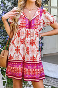 Boho Mini Dress Hot Pink Floral Short Sleeve Tie Neck Hot Pink 79ab2129-2c8e-47d4-92de-4ccf43fb5060-Max-Origin Trendsi