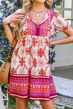 Boho Mini Dress Hot Pink Floral Short Sleeve Tie Neck Hot Pink 79ab2129-2c8e-47d4-92de-4ccf43fb5060-Max-Origin Trendsi