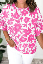 Women's Blouse Floral Print Hot Pink Short Sleeve Casual Top Fuchsia Pink 79b0886d-9c42-4d5b-aee7-2b32c7b7093d-Max-Origin Trendsi