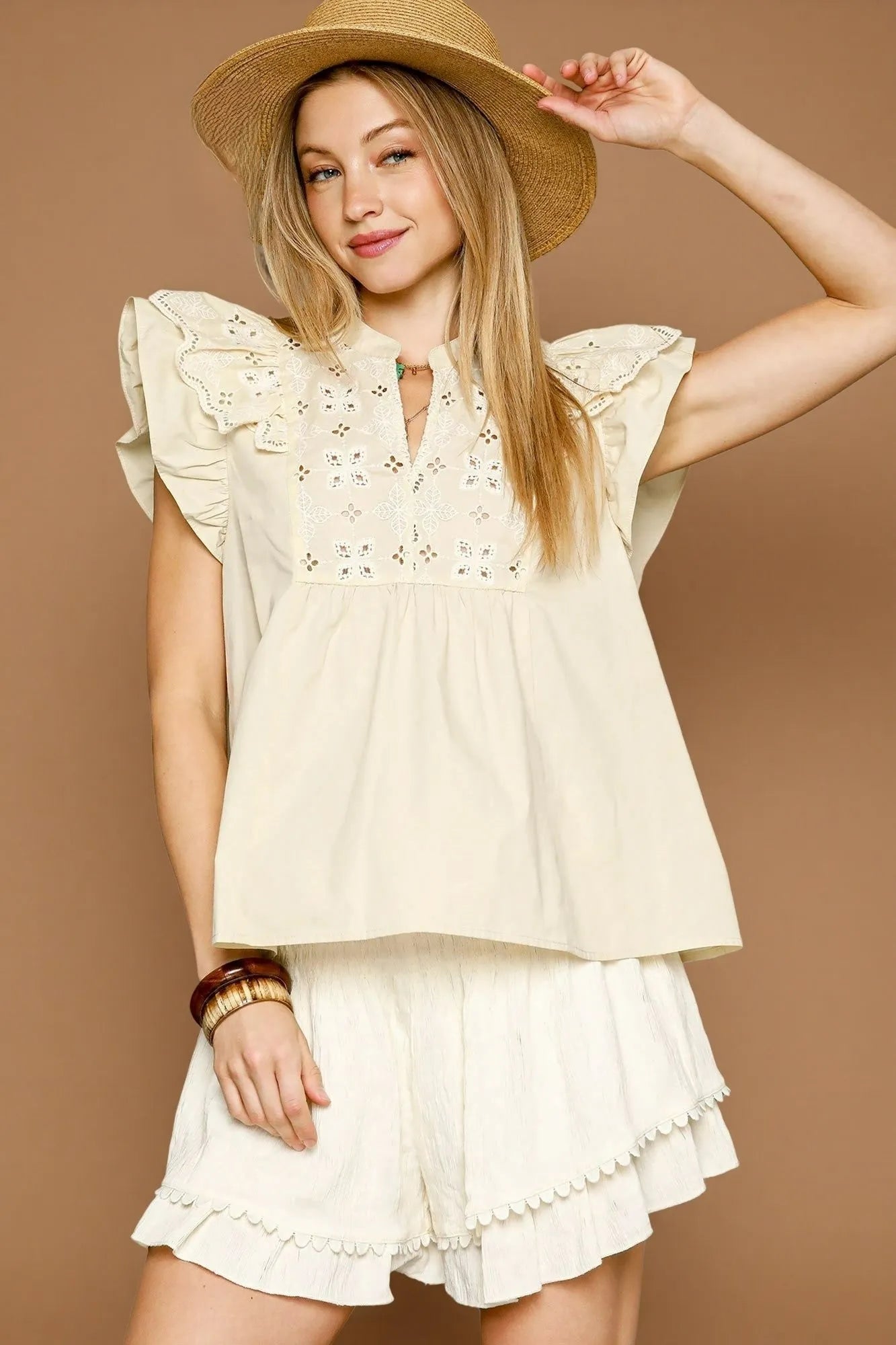 Umgee Blouse Eyelet Embroidered Ruffle Beige Natural Short Sleeve Top 79b55051-f148-4803-87eb-c53d22638acf-Max-Origin Trendsi