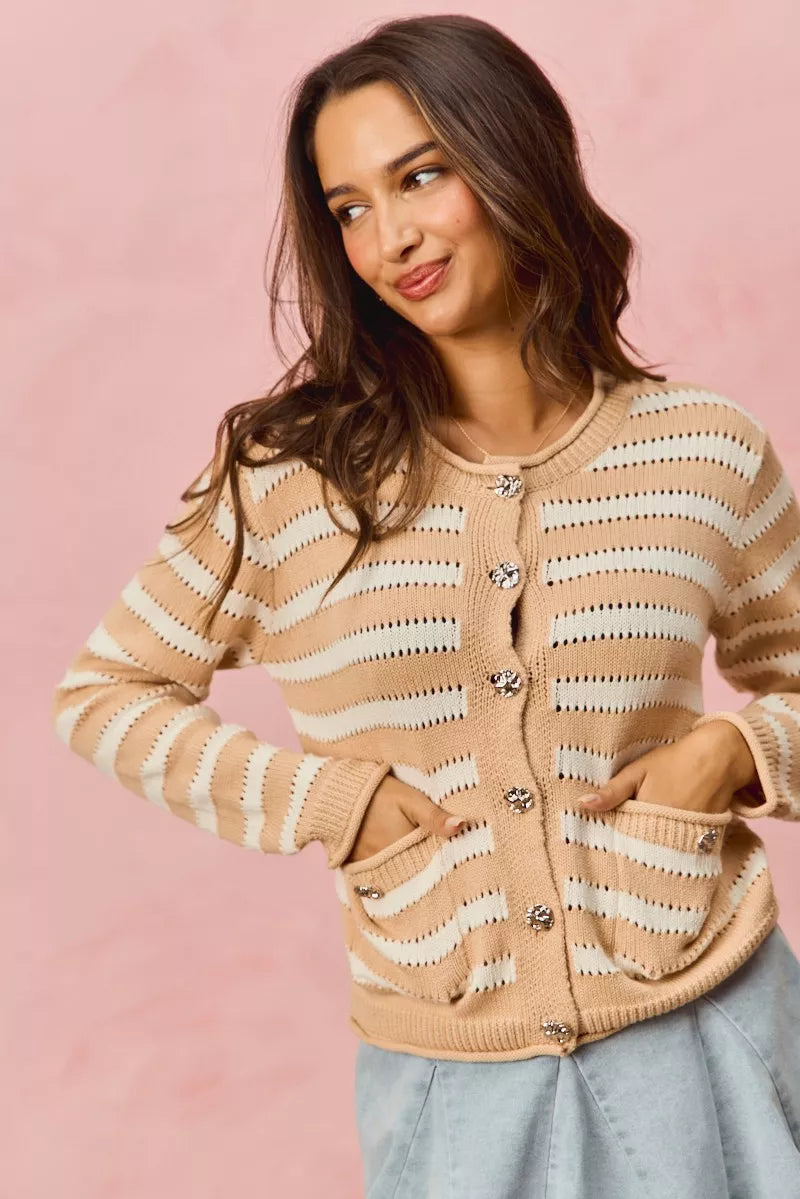 SO ME Women Sweater Cardigan Stripe White Beige Long Sleeves Buttoned 79c40fa64f9e4241b4a998d83159d841-Max-Origin Trendsi