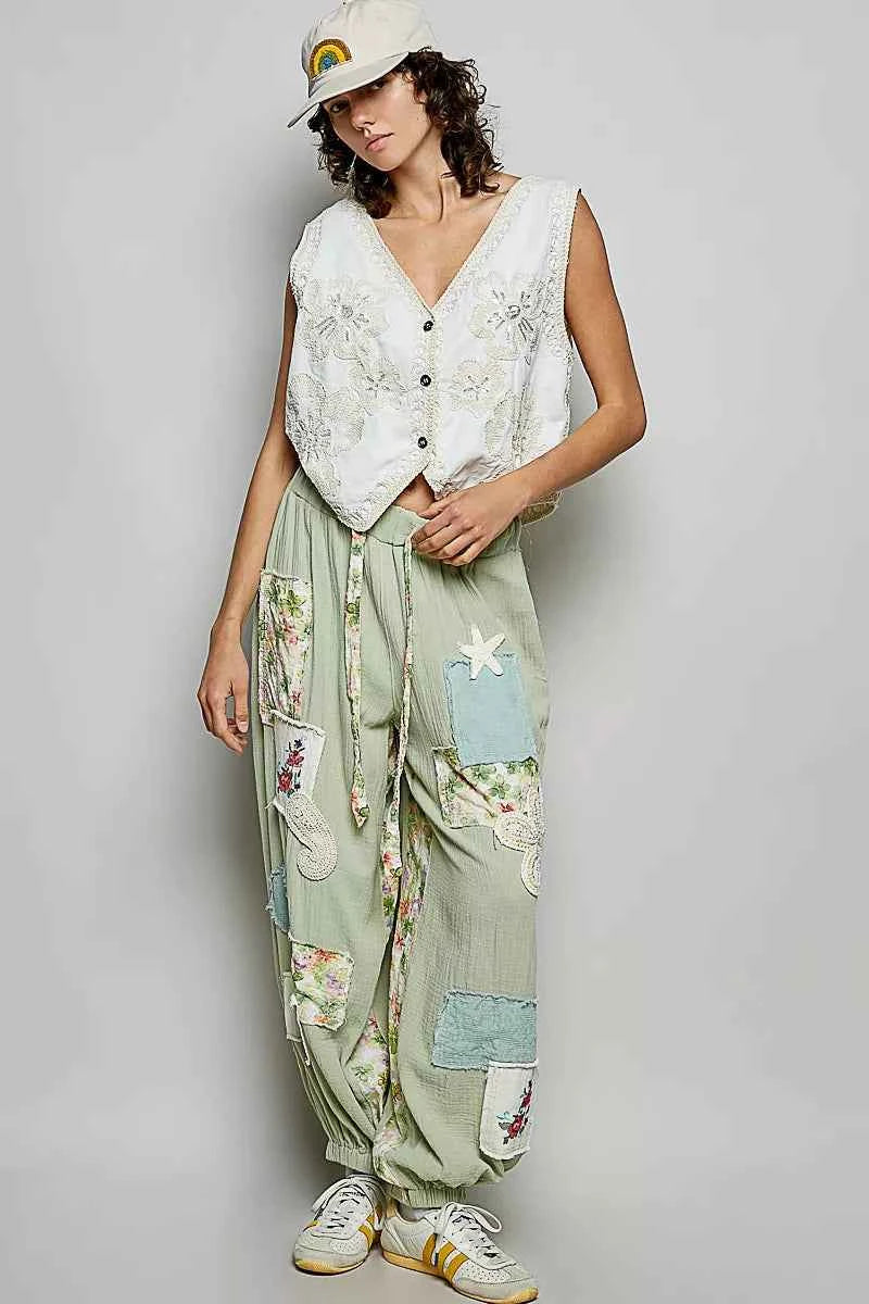 POL Embroidered Floral V-Neck Button Down Crochet Vest