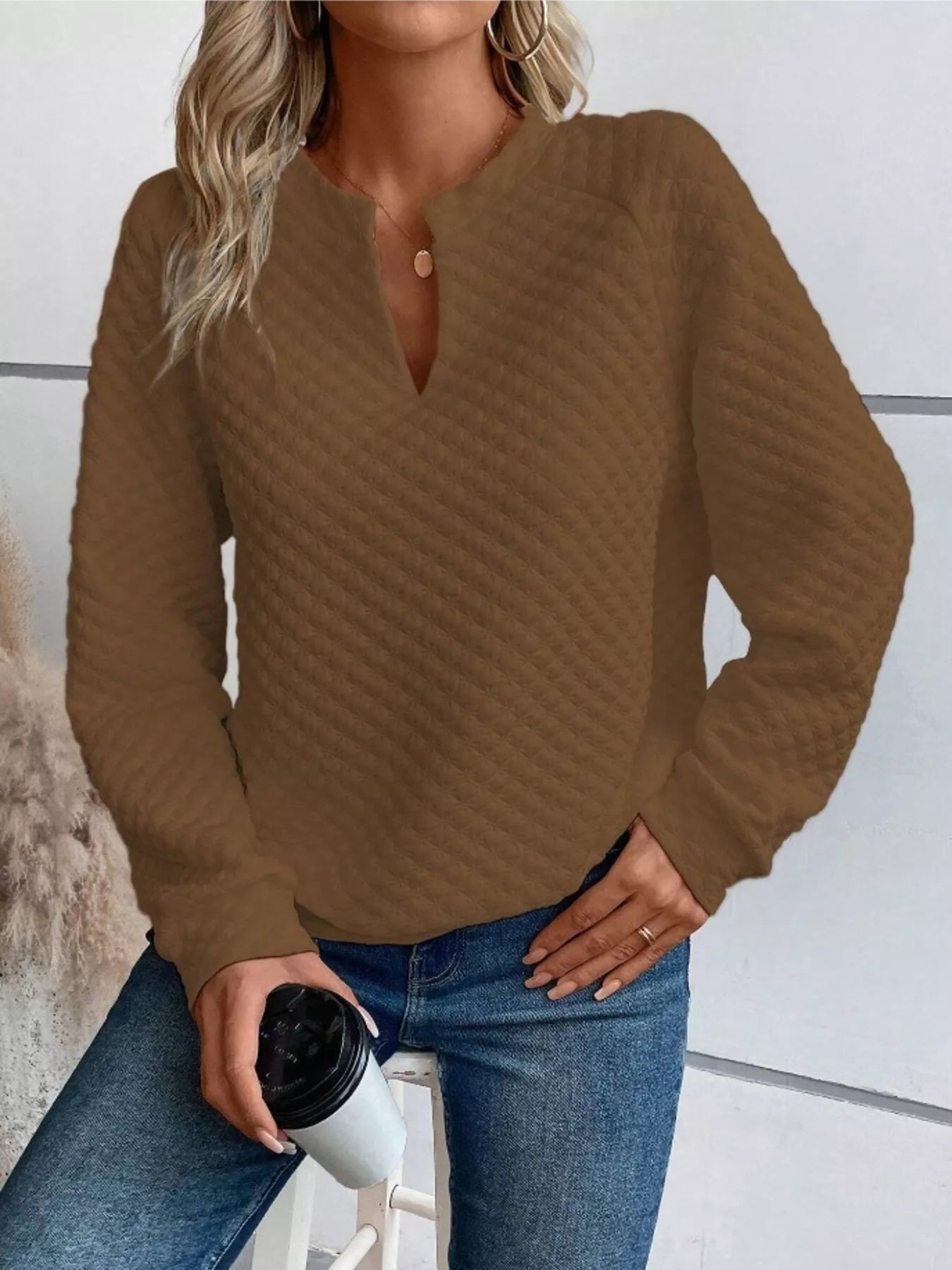 Women's Sweatshirt Textured Notched Raglan Long Sleeve Top 79de3c7a77654815b28f876e45ba996e-Max-Origin Trendsi