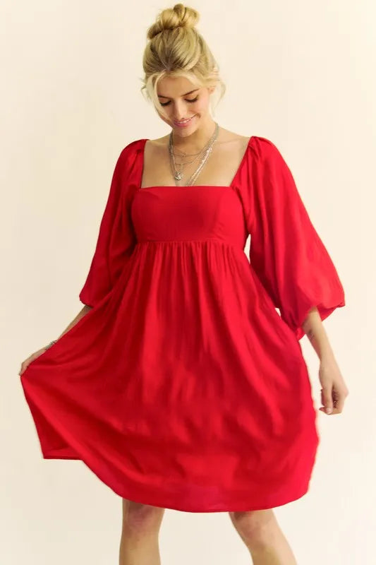 Davi & Dani Textured Puff Sleeve Tie Back Dress