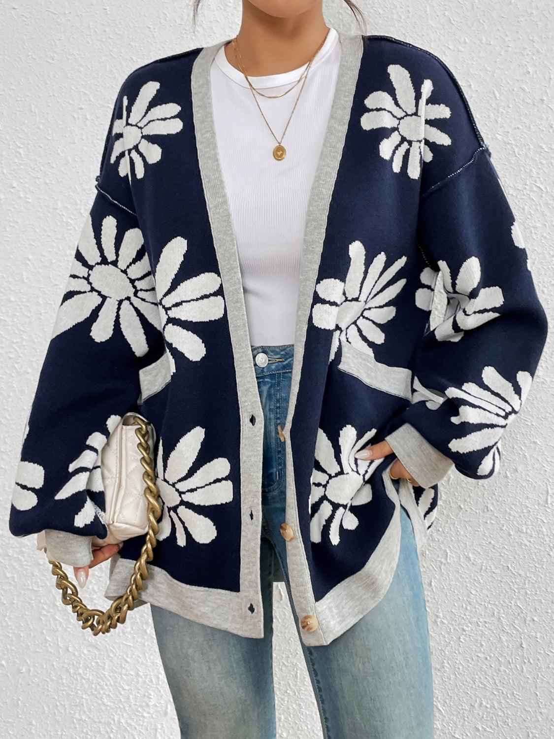 Cardigan Floral Contrast Dropped Shoulder Long Sleeve Knitwear 79e6c7c8-e240-4e70-a7a8-261d2bb9eddc-Max Trendsi