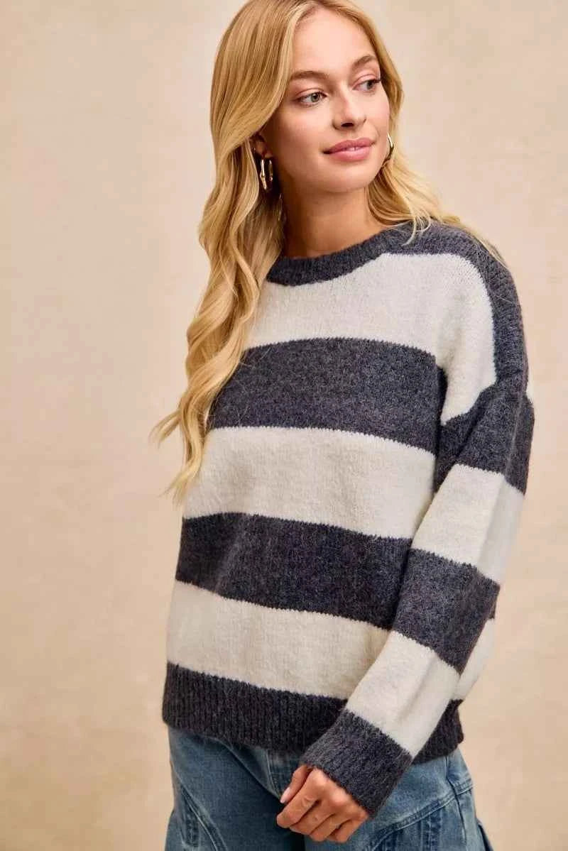 BiBi Wide Stripe Fuzzy Knit Round Neck Sweater