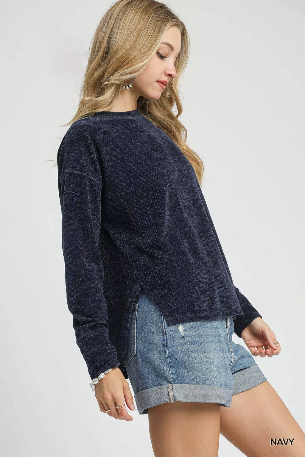 Umgee Navy Blouse Round Neck Long Sleeve Side Slit Top 79f96b3e-8a02-41c1-a17c-39ef9acfd4ae-Max-Origin Trendsi