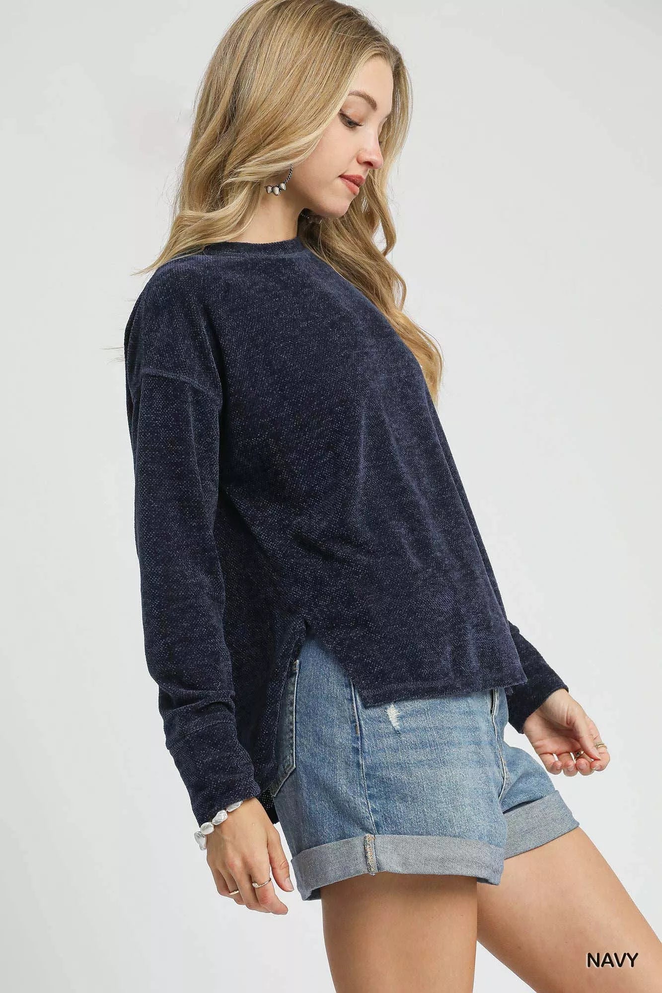 Umgee Navy Blouse Round Neck Long Sleeve Side Slit Top 79f96b3e-8a02-41c1-a17c-39ef9acfd4ae-Max-Origin Trendsi