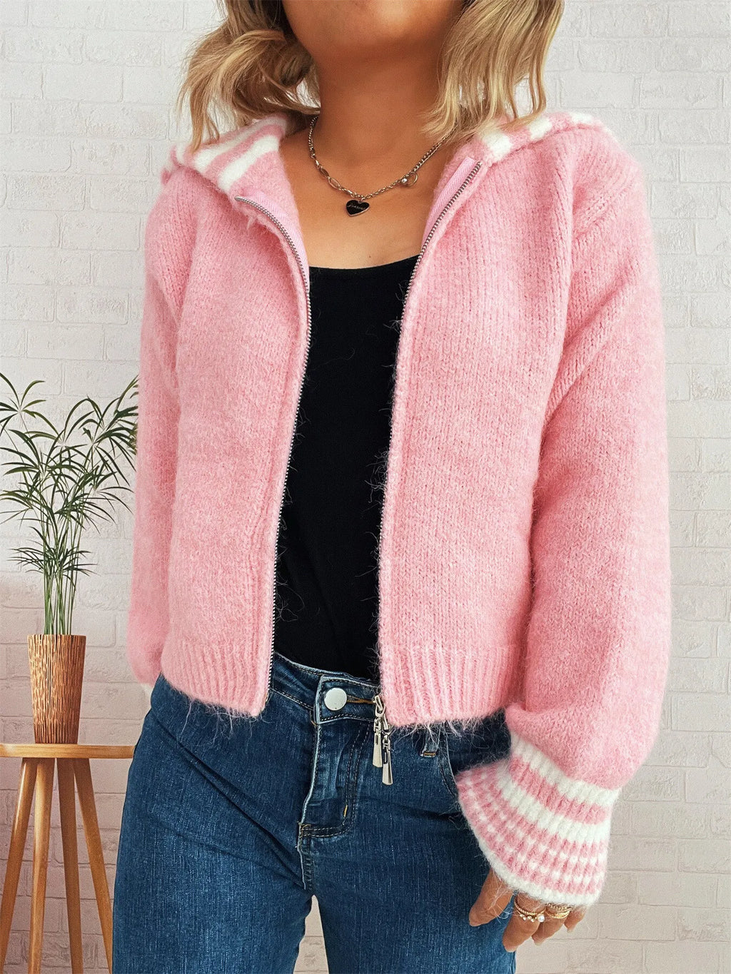 Women's Cardigan Striped Zip-Up Knit Long Sleeve Collared 79febf1b942c4c77ab14de30ae087312-Max-Origin Trendsi