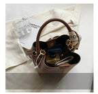Women's Bucket Bag Small Coffee Brown PU Leather Two-Tone Casual Crossbody