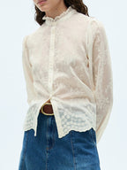 Women's Shirt Blouse Floral Embroidered Sheer Lace Long Sleeve Ruffle Neck Top