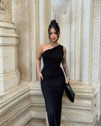 Bodycon Midi Dress One-Shoulder Ruched Side Slit Slimming Party Dresses