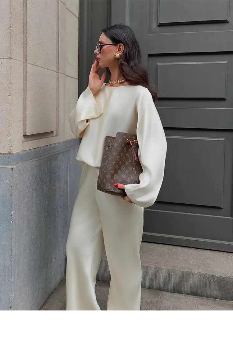 Silky Smooth Glossy Outfit Cream Long Sleeve Top Wide Leg Pants Elegant Fashion
