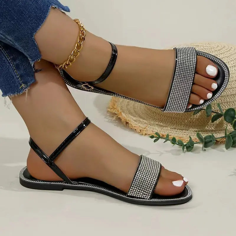 Rhinestone Women's Sandals Ankle Strap Pu Leather Open Toe Summer Flats