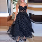 Black Midi Party Dress Polka Dot Tulle Mesh Sheer Sleeveless Ruffle High Waisted