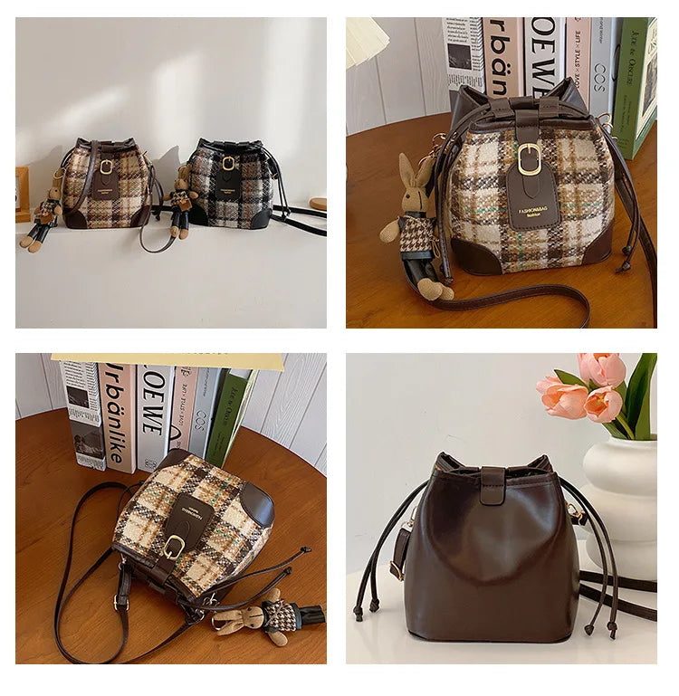 Women's Bucket Crossbody Bag Mini Drwastring Woven Plaid Pu leather Handbags