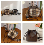 Women's Bucket Crossbody Bag Mini Drwastring Woven Plaid Pu leather Handbags
