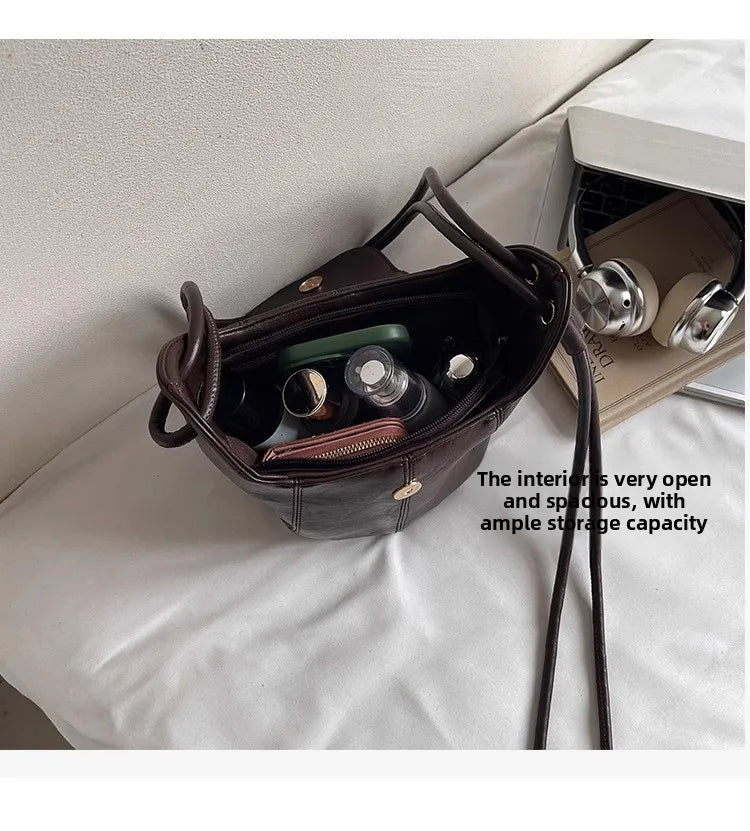 Fashion New Bucket Crossbody Bag Knot Strap Medium PU Leather Flap Shoulder Bag
