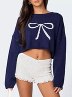 Women's Sweater Cropped Navy Blue Bow Round Neck Long Sleeve 7a0134eb-17cc-4659-8b02-60033adfed74-Max-Origin Trendsi