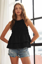 ADORA Ruffle Top Halter Neck Black Smocked Layer Hem Tank Smocked BLACK 7a0ae07694f845a3837c384ba9193677-Max-Origin Trendsi