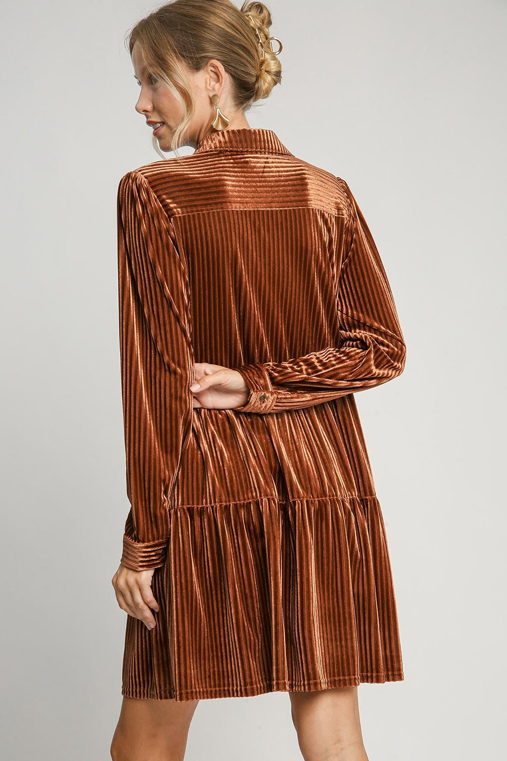 Umgee Texture Shirt Dress Tiered Button Collared Copper Long Sleeve Ruched