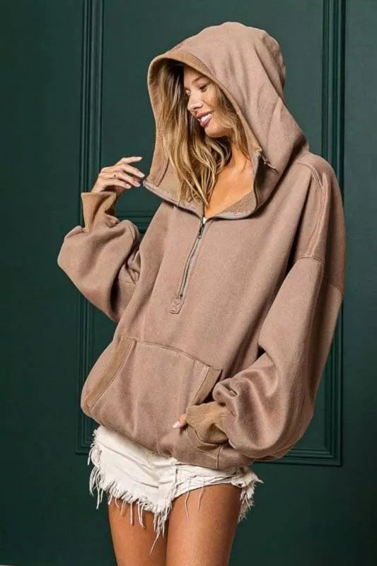 BiBi Womens Fleece Hoodie Mocha Stitch Detailed Elastic Hem Half Zip 7a15e096-e286-4794-a883-69655ac5e0c1-Max-Origin Trendsi