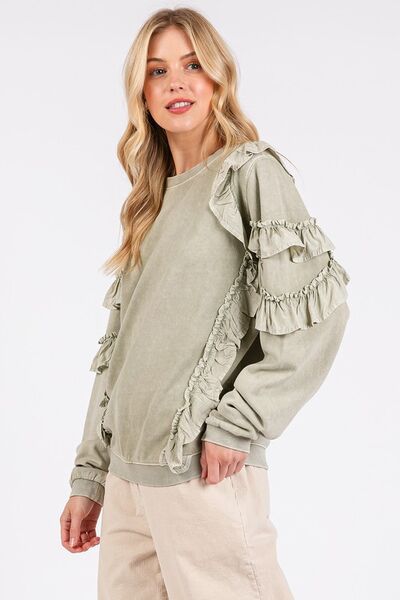 Mittoshop Ruffled Sweatshirt Sage Mineral Washed Round Neck Long Sleeve
