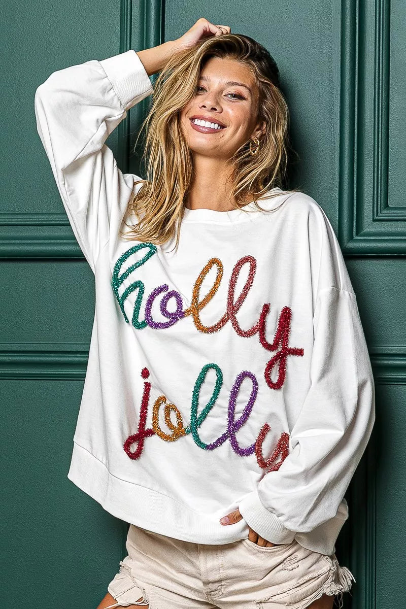 BiBi Women's Sweatshirt Holly Jolly Christmas Off White Oversized French Terry Top 7a20c8da1d8b44f39f24f1b64eab766b-Max-Origin Trendsi