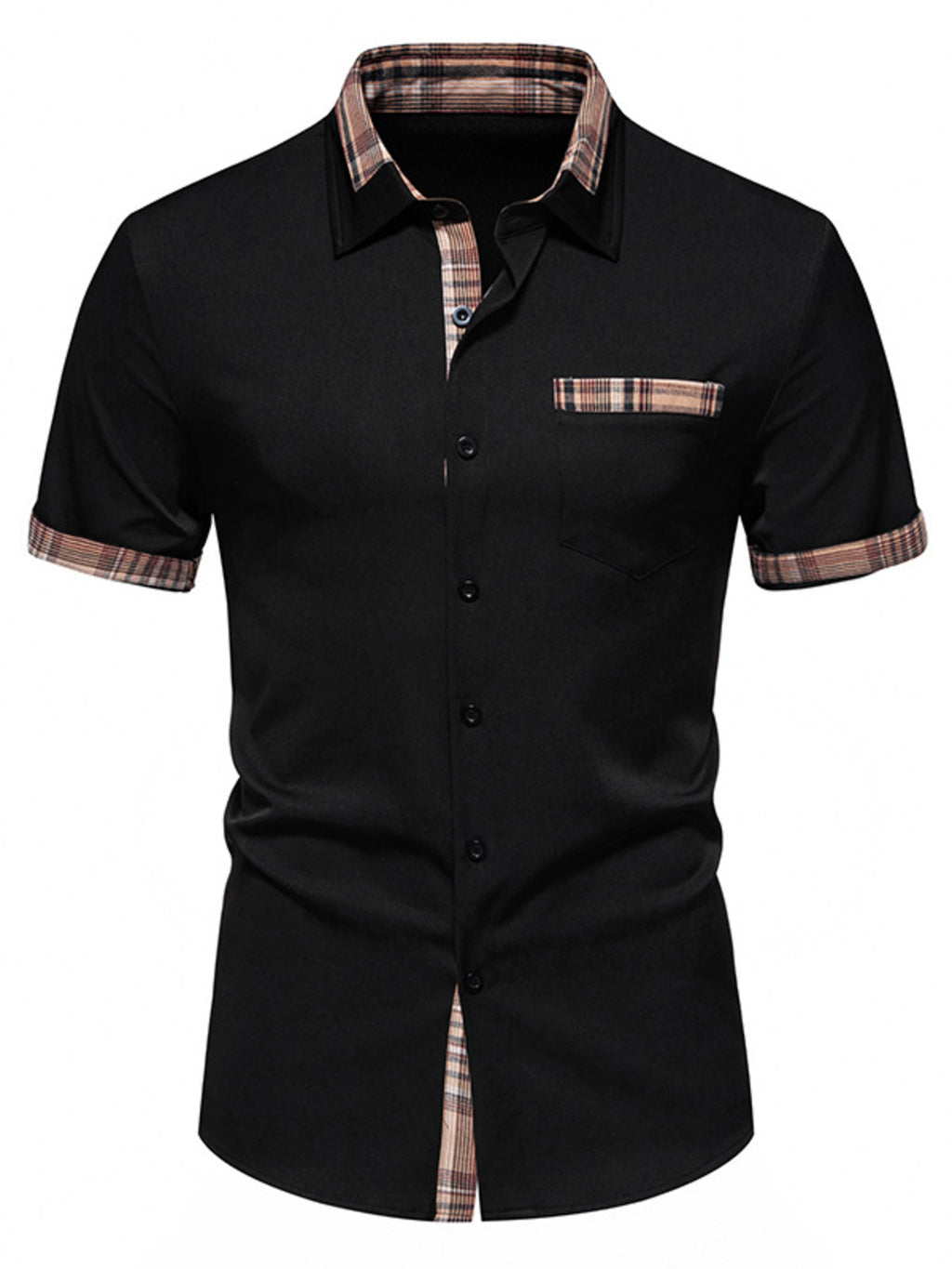 Men's Short Sleeve Plaid Trim Shirt with Buttoned Front and Pocket