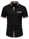 Men's Short Sleeve Plaid Trim Shirt with Buttoned Front and Pocket