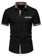 Men's Short Sleeve Plaid Trim Shirt with Buttoned Front and Pocket