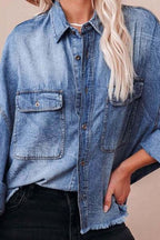 Denim Shirt Women's Raw Hem Long Sleeve Front Patch Pockets Top 7a45bbf3-3334-4cce-bd97-31689f2d7e68-Min Trendsi