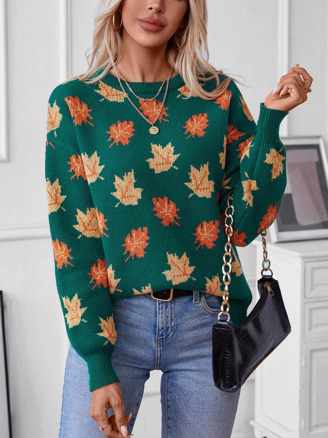 Maple Leaf Sweater Round Neck Long Sleeve Green Pullover 7a595217-dd6c-48d9-bd6e-0fe8db333b6d-Max Trendsi