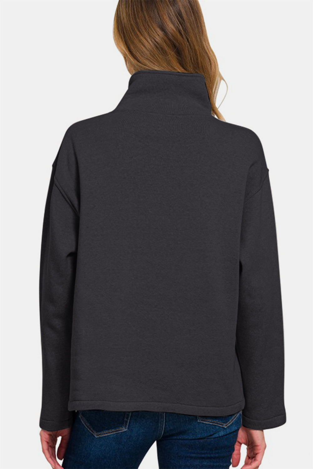 Zenana Sweatshirt Turtleneck Half Snap Fleece Long Sleeve Cotton Black